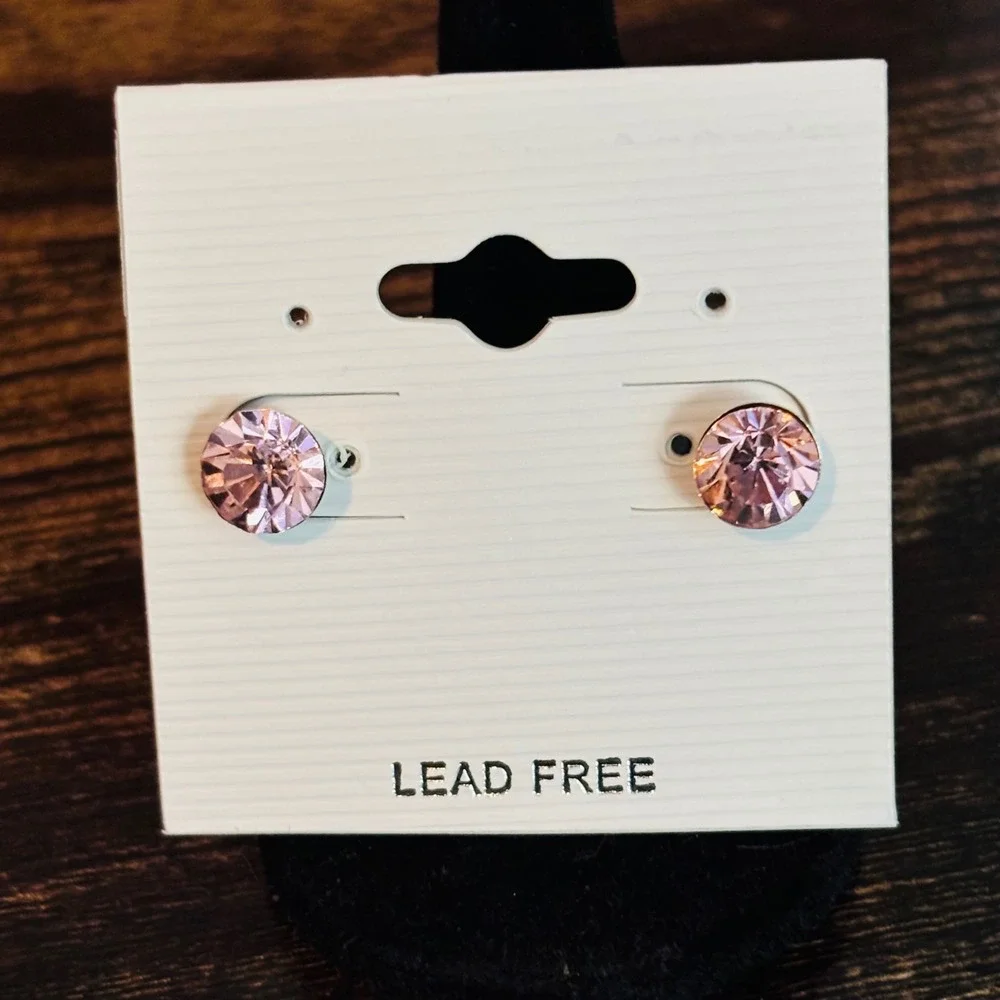 Pink Crystal Stud Earrings Round Cut Lead Free Sparkly Jewelry